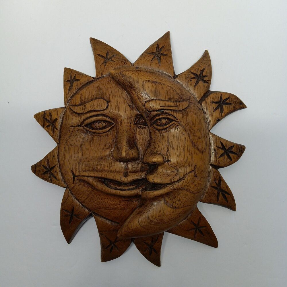 Vintage Hand Carved Wooden Sun Moon Wall Hanging 3D Celestial Face Folk Art Boho
